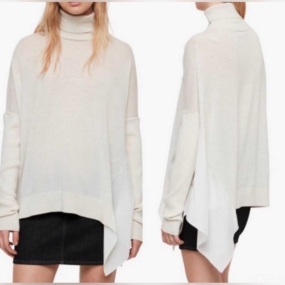 All Saints Women's Alda Roll Neck Cream Sweater Merino Wool Asymmetrical (Sz S)